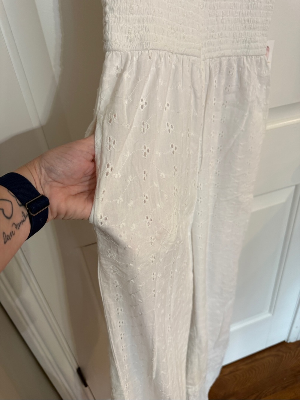 Jessica Simpson White Eyelet Smocked Strap Wide-Leg Jumpsuit - Picture 4 of 9